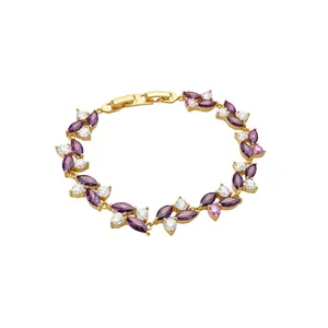 Elegante bracciale placcato oro 18 carati con zirconi viola e trasparenti a marquise