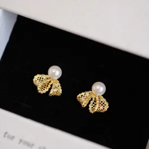 Exquisite Bowknot Zirconia Artificial Pearl Stud Earrings For Women Gold Silver Plated Copper Silver Earring Post Elegant Wedding Party Jewelry