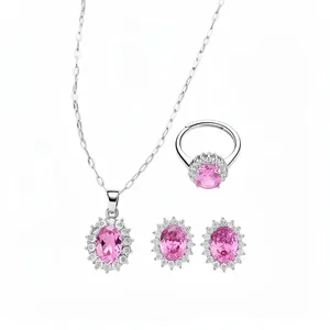 Elegant silver jewelry set with pink oval zircon pendant necklace, earrings, and ring