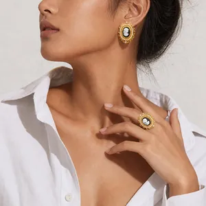 Vintage Stainless Steel Cameo Portrait Stud Earrings And Band Rings For Women Gold Artificial Pearl Inlaid Jewelry Accessories