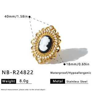 Detail view of vintage style stainless steel cameo ring with pearls and dimensions.