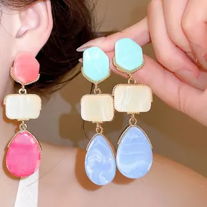 Pendientes Colgantes de Resina Geométrica Gota de Agua para Mujer Patrón de Mármol Elegante Joyería de Vacaciones con Poste de Plata 925