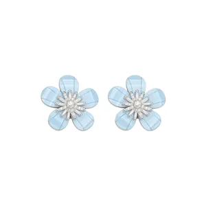Sweet light blue flower stud earrings with sparkling zircon center and silver needles