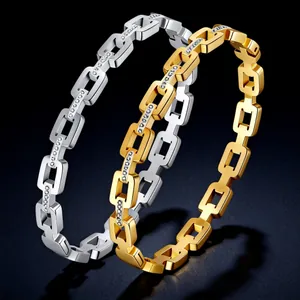 Stainless Steel Square Link Bracelet Rhinestone Inlaid Geometric Chain Bangle Ring Fashion Jewelry for Women Men Gift