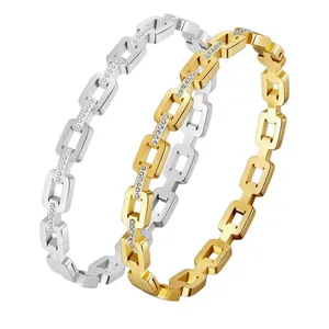 Elegant stainless steel square link bracelets with sparkling crystals in gold and silver