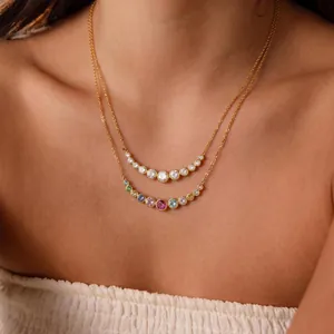 Luxury 18K Gold Plated Stainless Steel Round Zirconia Pendant Necklace For Women Classic Niche Fashion Jewelry Accessory