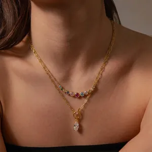 Detail shot of layered 18K gold plated stainless steel necklaces with zircon pendants