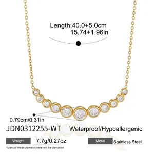 Detailed view of 18K gold stainless steel necklace with round zircon pendants and dimensions
