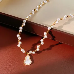 18k gold plated pearl necklace with shell-inlaid gourd pendant and zircons