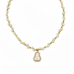 Elegant 18k gold plated pearl necklace featuring a zircon-encrusted gourd pendant