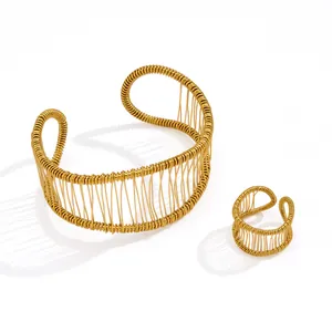 Gold-plated stainless steel wire-wound cuff bracelet and matching ring jewelry set
