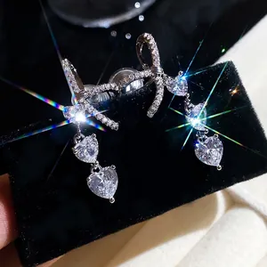 Bowknot Heart Clip-On Earrings For Women Non-Pierced Shiny Zirconia Copper Earrings Light Luxury Exquisite Dangle Jewelry