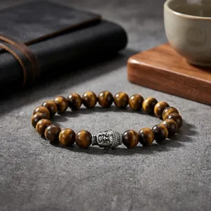 Tiger eye stone bead bracelet with vintage metal Buddha head for men and women