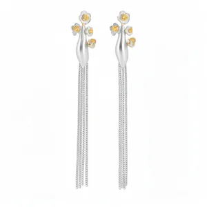 Boucles d'oreilles vintage en argent avec fleurs jaunes et longues franges