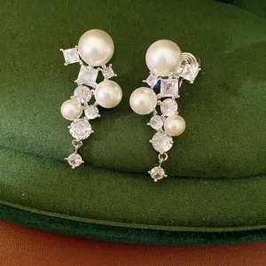 Exquisite Geometric Artificial Pearl Zirconia Clip-on Earrings For Women No Piercing Elegant Silver Plated Copper Jewelry