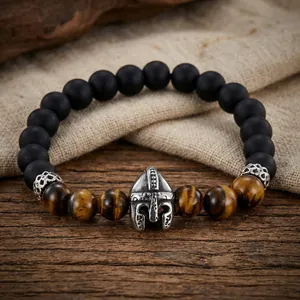 Vintage Men's Beaded Bracelet With Tiger Eye Stone Matte Black Beads Stainless Steel Spartan Helmet Elastic Jewelry
