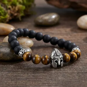 Men's vintage Viking style Spartan helmet bracelet with Tiger Eye and Black Agate beads