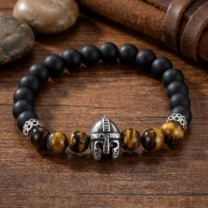 Men's vintage Viking bracelet with Spartan helmet, tiger eye and black onyx beads