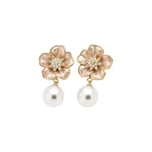 Elegant rose gold floral zircon stud earrings with large white pearl drops for women