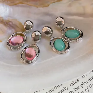 Elegant ins style silver stud earrings with oval acrylic pendants in pink and green