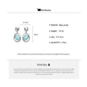 Detailed product specifications for oval acrylic pendant earrings in silver finish