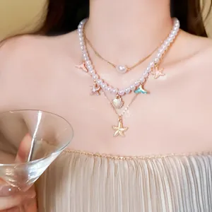 Layered Artificial Pearl Starfish Shell Fish Tail Pendant Necklace Gold Alloy Enamel Multi-Row Choker for Women Resort Holiday Jewelry