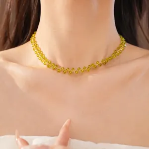 14k gold plated necklace featuring olive green faceted glass beads on a delicate chain