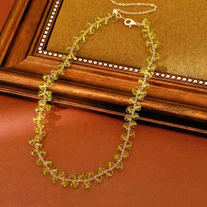 14k gold plated beaded necklace featuring vibrant green faceted glass beads for women