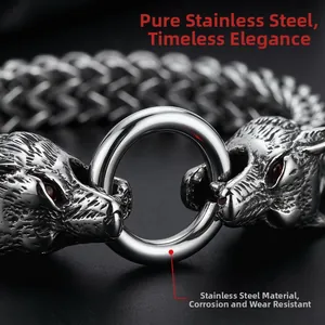 Close-up detail of stainless steel double wolf head bracelet with Viking knotwork design