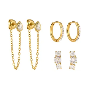 Elegante set di orecchini in acciaio inossidabile placcato oro 18k con catene e zirconi cubici