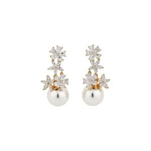 Elegant French vintage zircon flower earrings with large pearls and silver pins