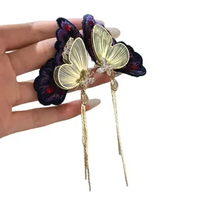 Elegant silver needle zircon butterfly tassel drop earrings with purple embroidery detail
