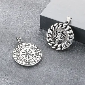 Viking Tree of Life and Vegvisir rune pendants crafted from vintage stainless steel