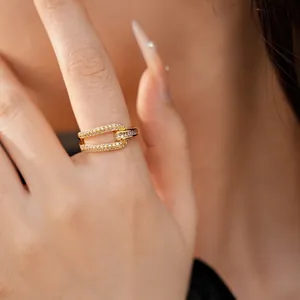 Elegant 18k gold plated geometric hollow open ring featuring sparkling zircon inlay