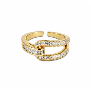 18k gold plated open ring with geometric hollow design and clear cubic zirconia stones