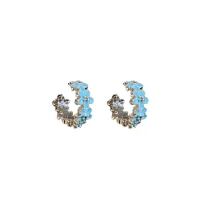 Elegant sweet light blue enamel flower hoop earrings for women with resort style design