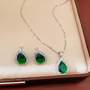 Elegant Palace Style Copper Teardrop Zirconia Necklace Earrings Set Silver Plated Waterdrop Jewelry For Women Wedding Banquet