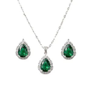 Elegant pear-shaped green emerald-style zircon jewelry set including necklace and earrings