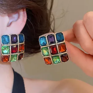 Vibrant colorful square multi-gemstone earrings in a retro vintage grid design for women