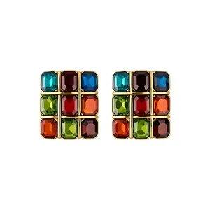 Vintage colorful square grid earrings with multi-color gemstones in gold setting