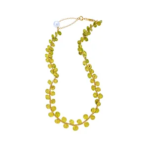 14k gold-plated beaded necklace with green leaf charms and elegant pearl pendant