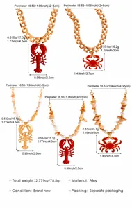 Specifications for lobster and crab necklaces with shell beads and golden alloy chains.