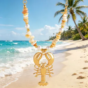 Detailed view of bohemian lobster pendant necklace with crushed stones and faux pearls