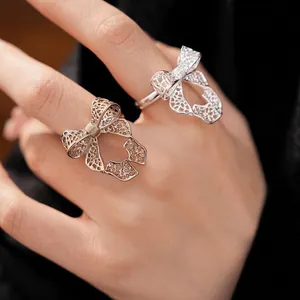 Fashion Hollow Bowknot Adjustable Open Ring For Women Elegant Copper Rhinestone Niche High-End Finger Ring Jewelry Gift