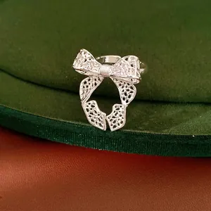 Elegant silver bow hollow lace adjustable open ring jewelry for fashion conscious women