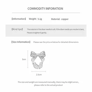 Detailed size and material info for silver hollow bow-knot open ring made of copper