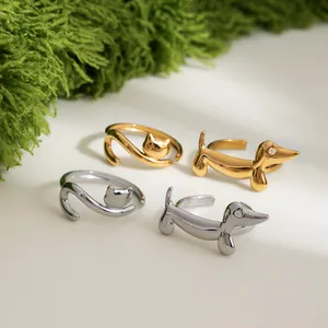 Anelli aperti gatto e bassotto in acciaio inossidabile placcato oro 18k oro argento