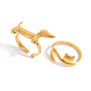 Eleganti anelli aperti gatto e cane in acciaio inossidabile placcato oro 18k per lei