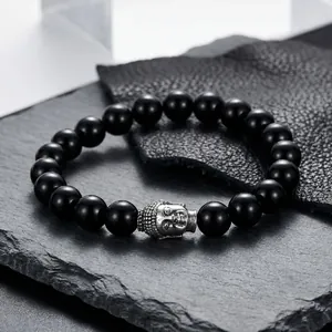Buddha Head Beaded Bracelet Stainless Steel Black Glass Beads Elastic Zen Ethnic Jewelry For Men And Women