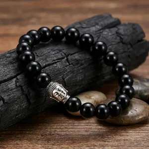 Glossy black 10mm beads bracelet with vintage silver buddha head on charcoal stones